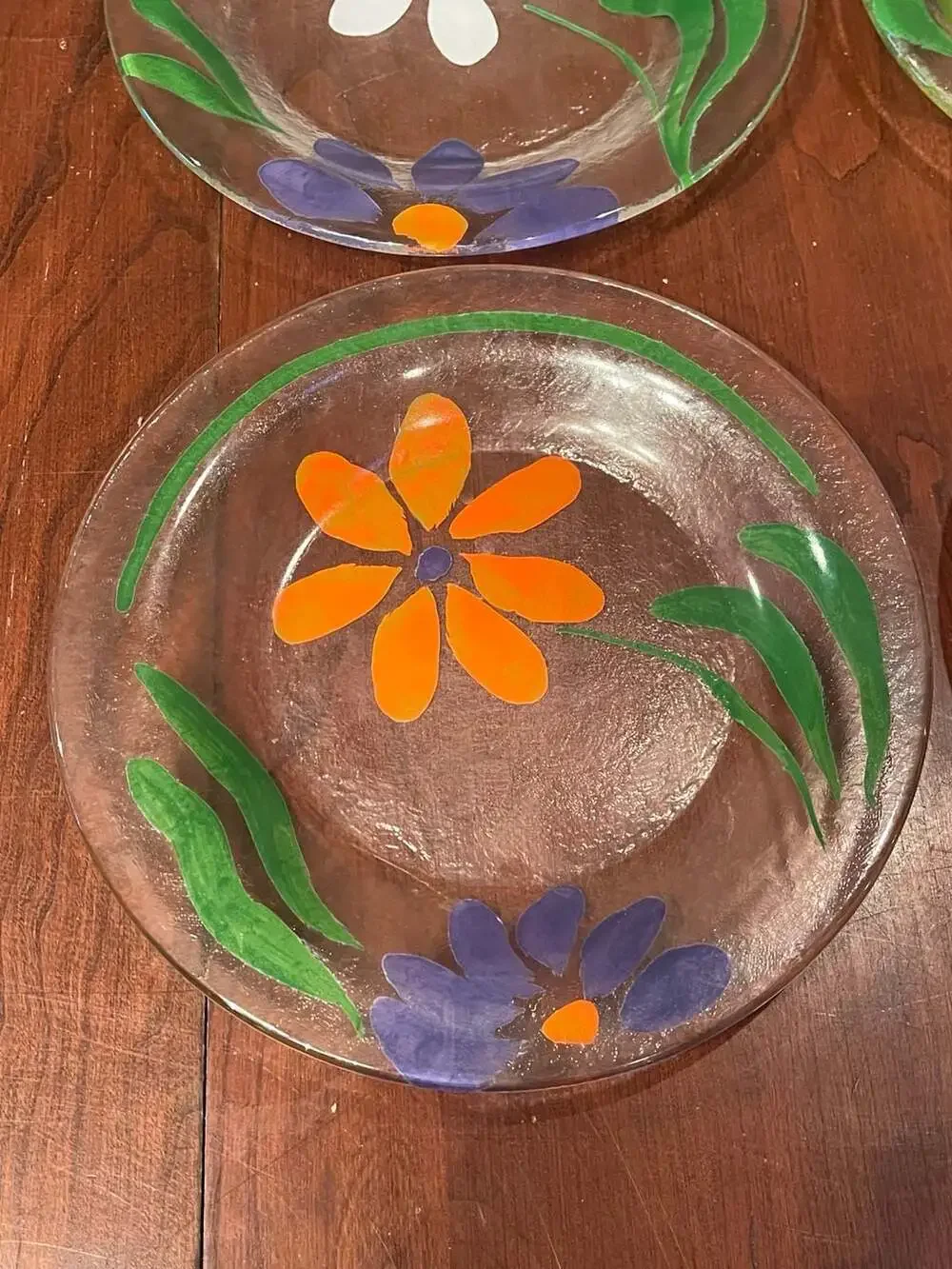 Set of 4 Hand-Painted Floral Textured Glass Salad Plates